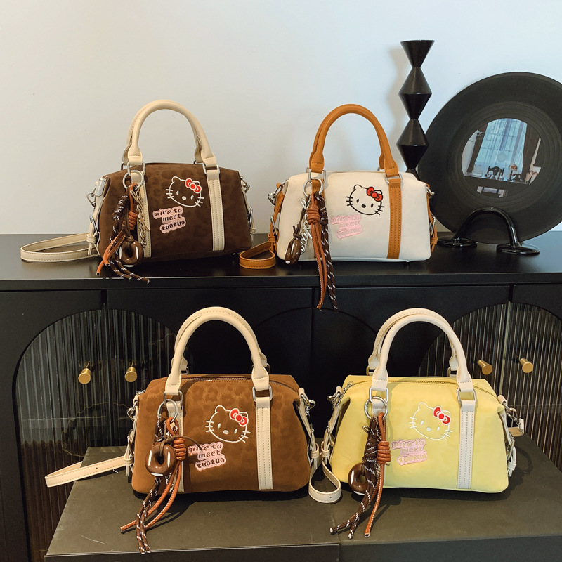 新款绣花手拎波士顿小包包可爱猫咪时尚枕头包女包鹿皮绒单肩斜挎