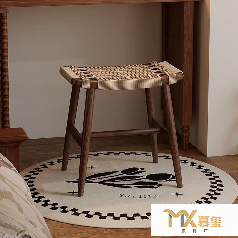 中古实木化妆凳家用女生卧室梳妆台复古梳妆椅绳编凳子编织换鞋凳