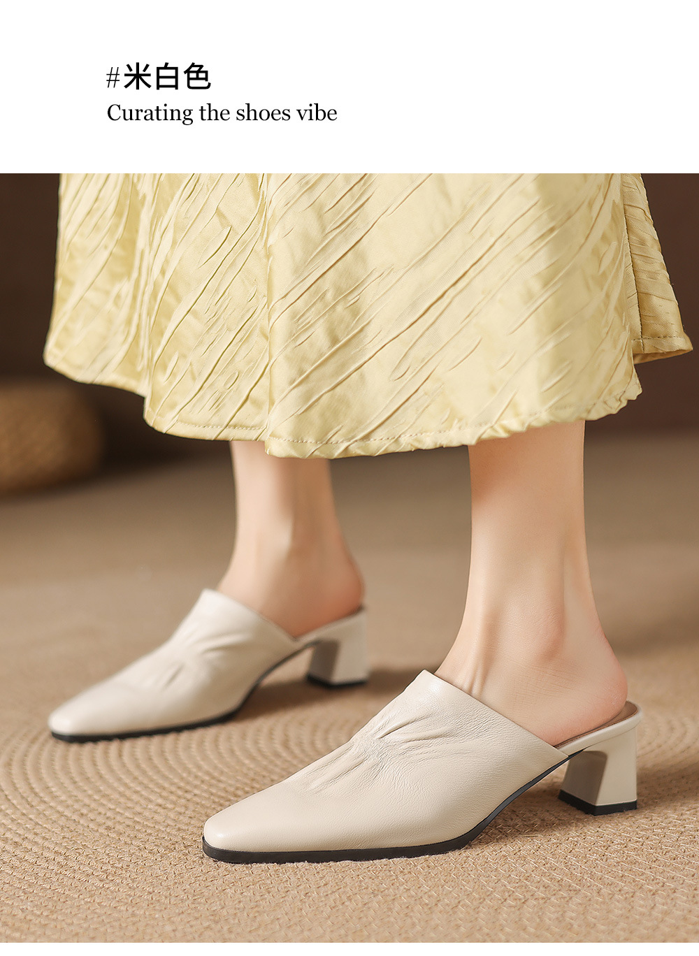 Sandal nữ bít mũi hở gót cao gót thô 5 cm, da bò mùa xuân hè — đen chi tiết 13