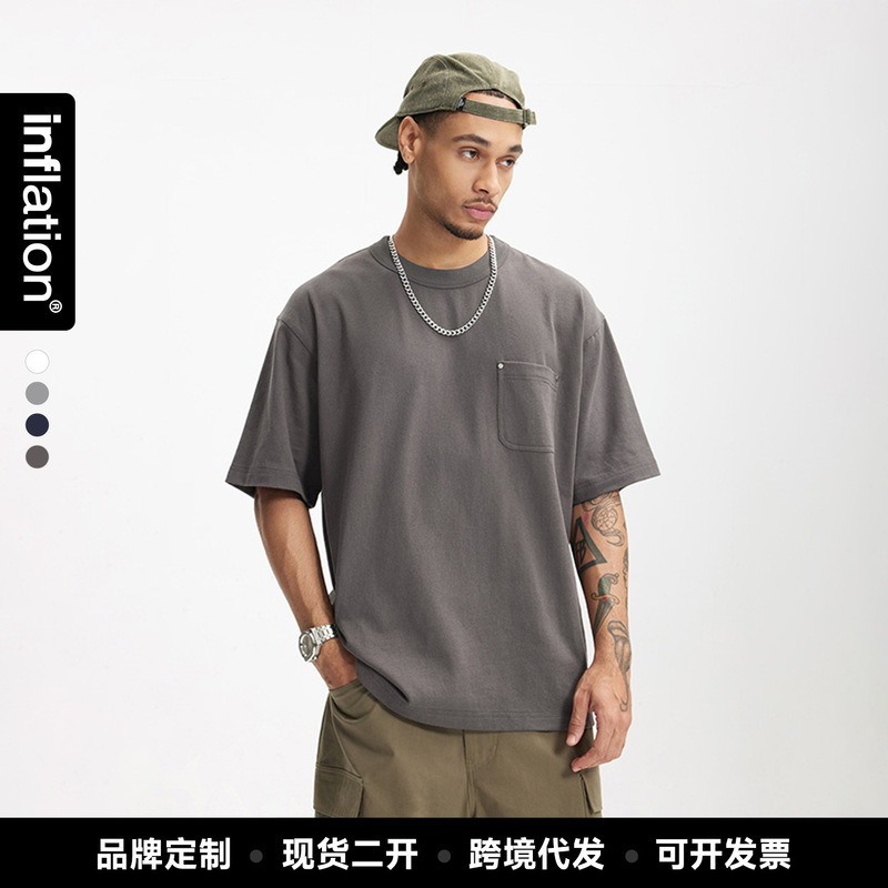 Jie Zhan Men's Clothing | Heavyweight Pure Cotton T-Shirt with Rivet Pockets, 2026 Spring/Summer New Trendy Brand Loose Short-Sleeve Solid Color Top.
