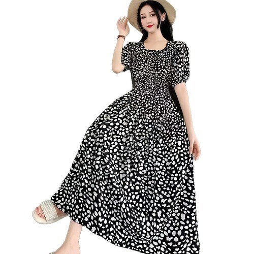Cotton-linen chiffon French retro style summer short-sleeve floral maxi dress Bohemian pastoral style beach dress