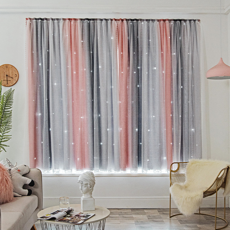 Cortinas de velcro, instalación sin taladro, opacas para dormitorio, diseño geométrico de estrellas huecas en degradado, doble capa integrada, venta al por mayor para ventanas panorámicas