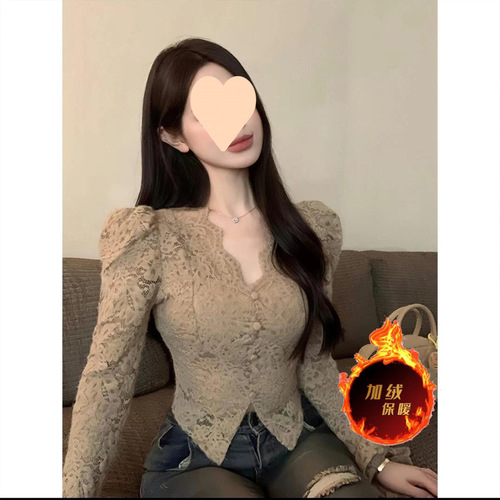 Lined and Thickened French Lace Collar Fashion Bubble Sleeve Blouse for 2025 Autumn/Winter - Versatile Lace Top