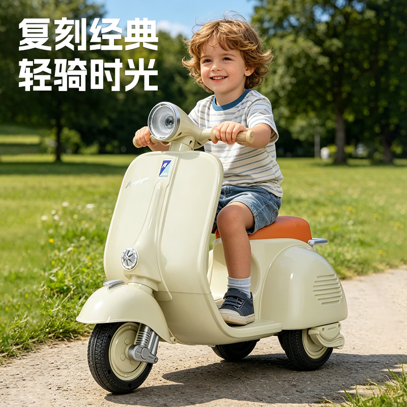 New Model of Double-Seater Children's Electric Motorcycle, Retro Style, Can Accommodate People, Rechargeable Baby Toy Car with Music and Lights