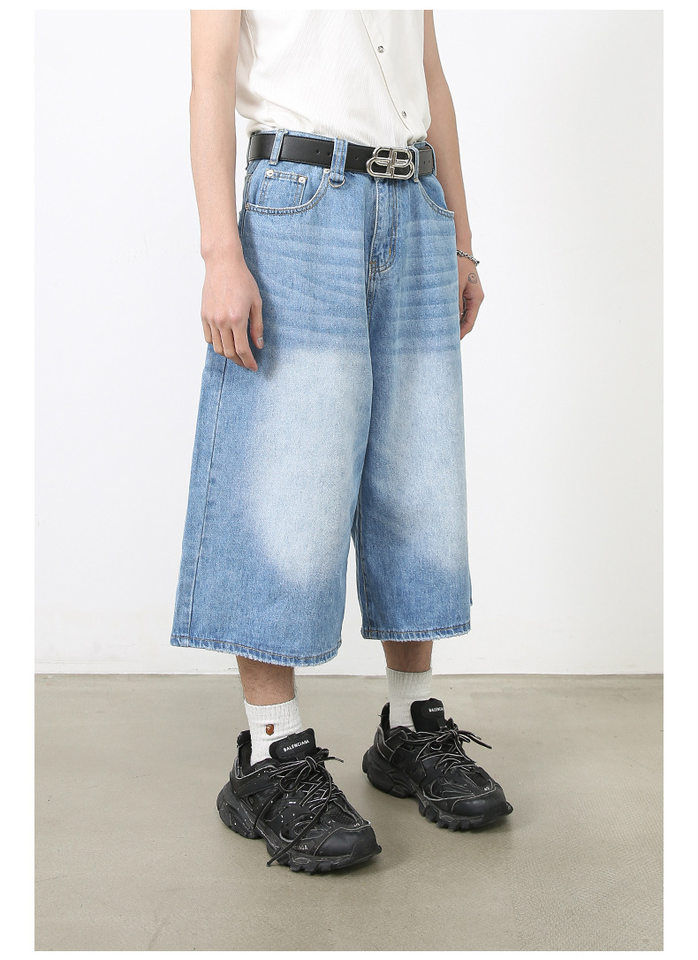 Quần short jean nữ ống rộng lửng cá tính phong cách đường phố — Làm cũ, Màu trắng, Rằn ri, Xanh lam cổ điển chi tiết 7