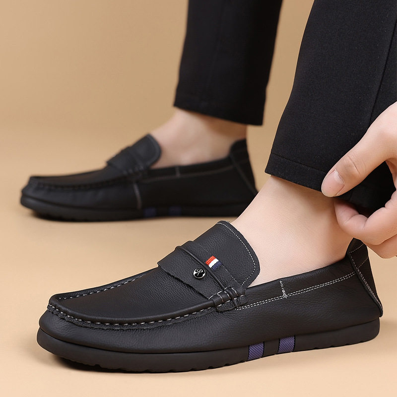 Giày lười nam da bò lớp đầu mềm mại, đế bằng, mũi tròn, phong cách thư giãn — Màu trắng, màu đen