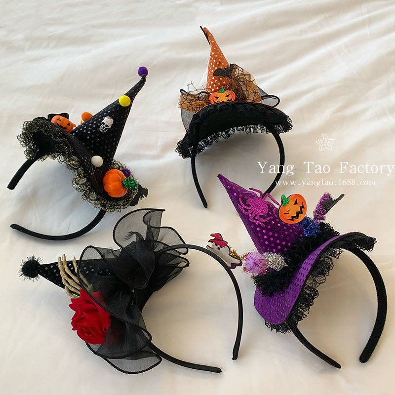 2024 nuevo nicho de Halloween bruja sombrero correa de cabello chica calabaza juguetona calavera correa de cabello adorable toque de pelo