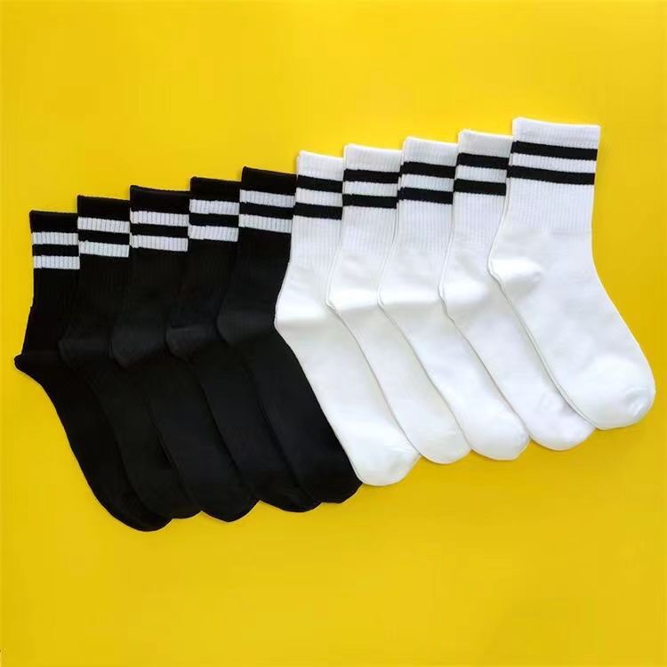 Student spring and autumn black and white parallel bars campus socks with school uniform mid-calf boys' socks Zhuji socks women's socks fashion