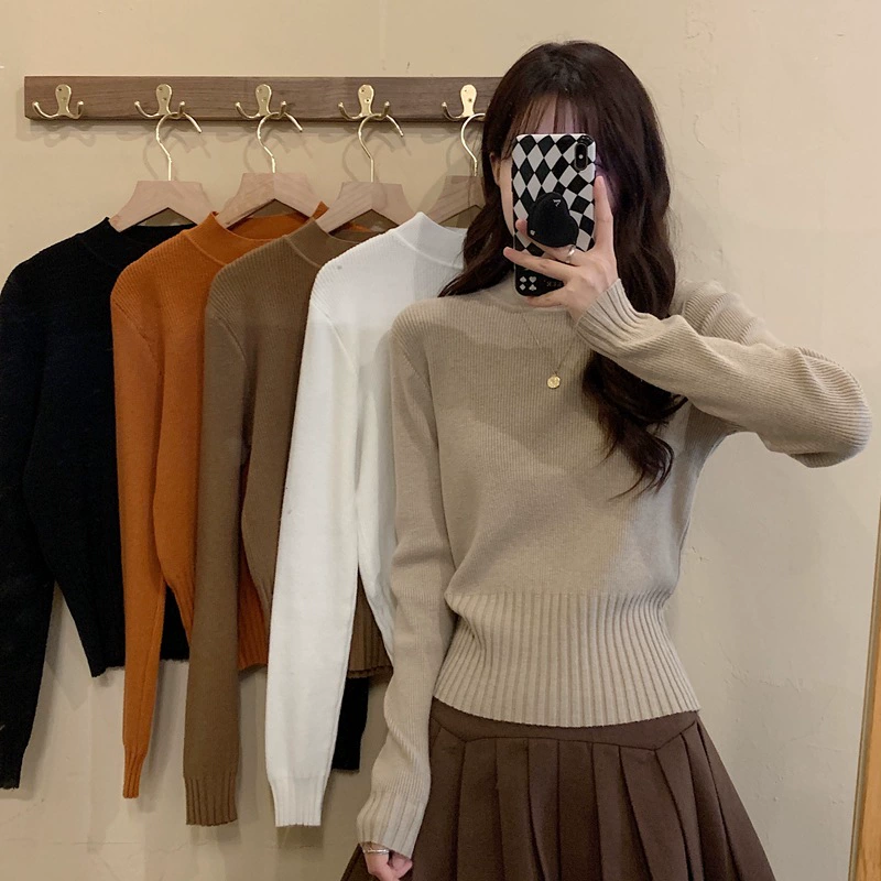 Осенне-Зимний вязаный свитер в Корейском стиле с длинными рукавами, Однотонный свитер, Базовая рубашка