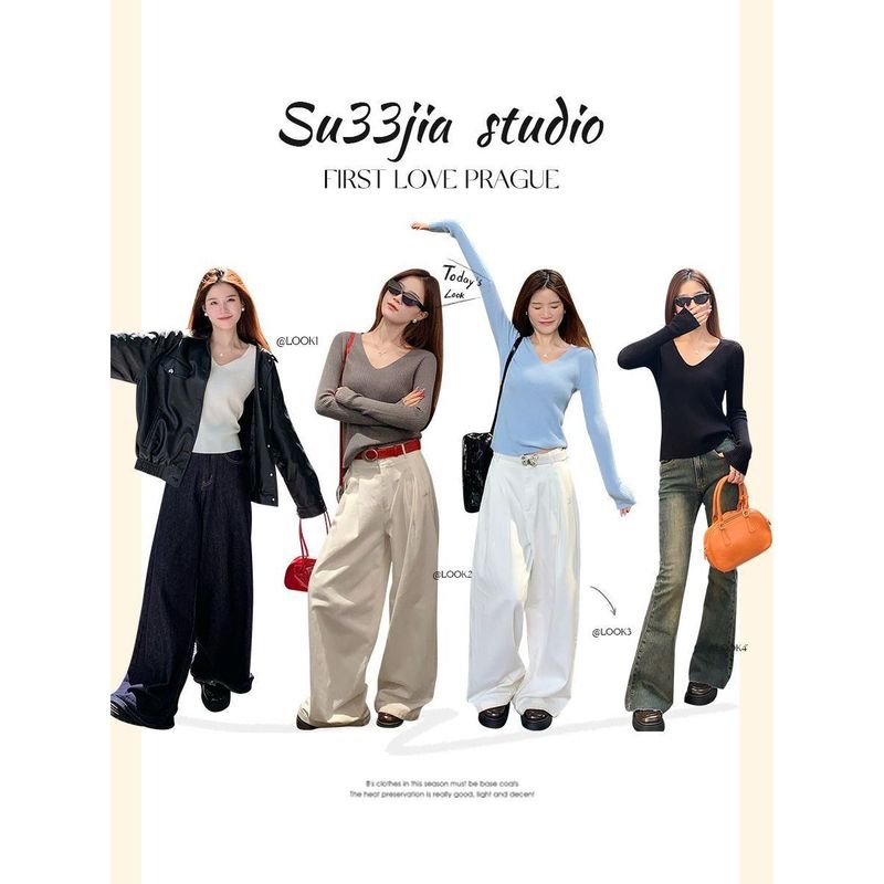 シンプルな洋気vネックセーター女性秋冬高級感ニットの新型秋の修身はやせています。|undefined
