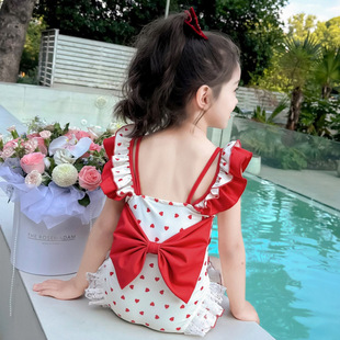Girls One-Piece Swimsuit Summer 2025 New Style Bow Little Peach Heart Sweet Quick-Drying Suspender Swimsuit