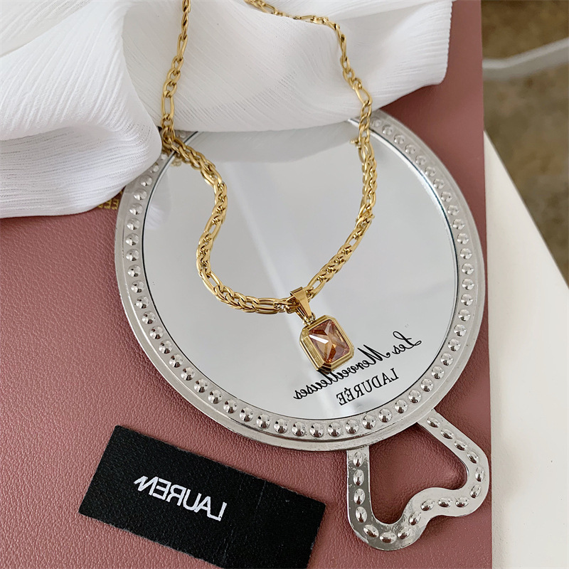 Elegant Basic Lady Square Stainless Steel Inlay Zircon Pendant Necklace_colorza_6