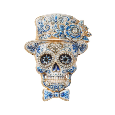 Original Mexican Day of the Dead skull brooch, top hat, rose, diamond-encrusted enamel, gothic style, unisex coat decoration pin (Yaxa sancaqları) - rw0377celadon-blue