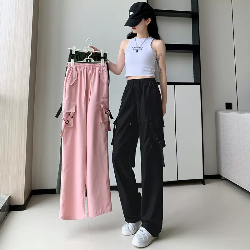 工装裤女夏季新款垂感阔腿裤显瘦复古欧美复古运动抽绳高腰休闲裤