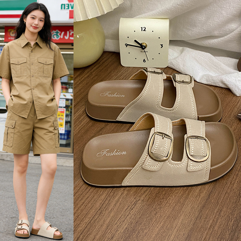 Imitation Leather Buckle Adjustable Thick-Soled Sandals for Women, Suitable for Outdoor Wear, Shopping, Spring and Summer, Soft-Soled Beach Shoes, Seaside Travel Sandals