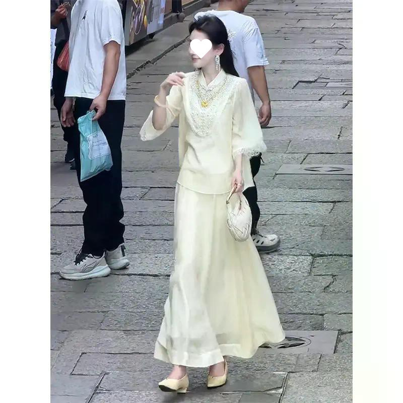 プラスサイズの太ったmmの新しい中国風のクールなヘビービーズのトップスとスカートの美しいスーツの夏服のセット|undefined