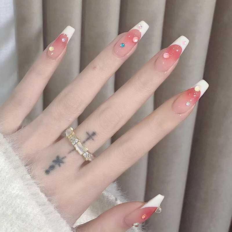 Cross-Border French Dot Diamond Nail Patches, Pink and White Background, Sweet Style Manicure, Cute and Fresh Wearable Nails