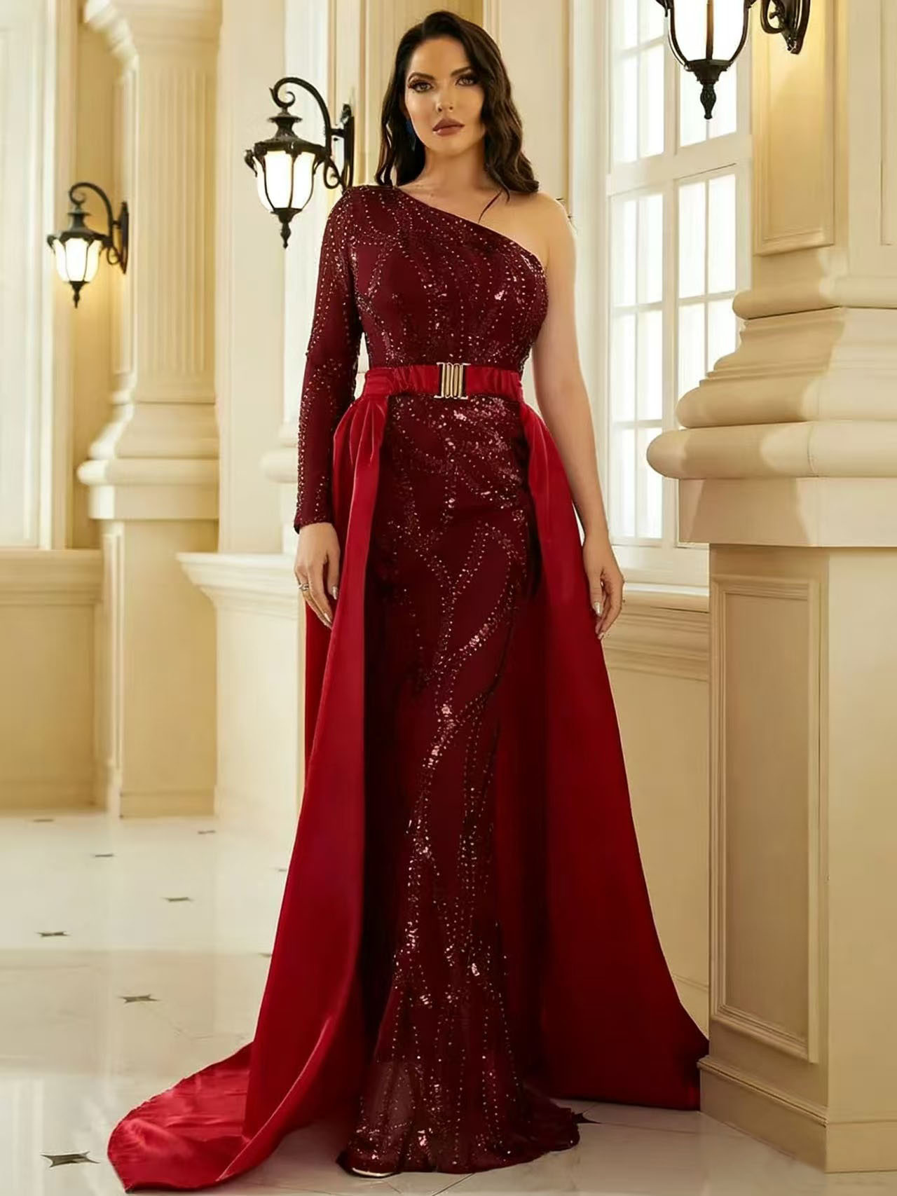 Amazon cross-border novo temperamento de lantejoulas cor sólida cintura média ombro inclinado anfitrião banquete vestido de noite vestido longo