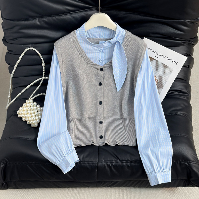 Fake Two-Piece Vest Knit Shirt for Women, 2026 Spring New Style, Long Sleeve with Bow Tie Collar, Designer-Inspired Light Luxury Commuter Top Fake Two-Piece Vest Knit Shirt for Women, 2026 Spring New Style, Long Sleeve with Bow Tie Collar, Designer-Inspired Light Luxury Commuter Top