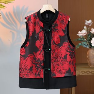 Mom spring and autumn vest printed Tang suit buckle waistcoat vintage ethnic style middle-aged and elderly women's short vest