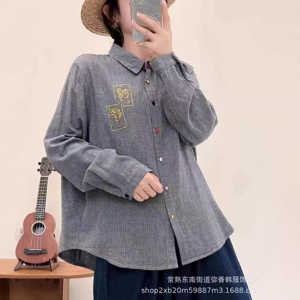 刺绣格子长袖衬衫女 尖领棉色织双层棉纱打底衬衣