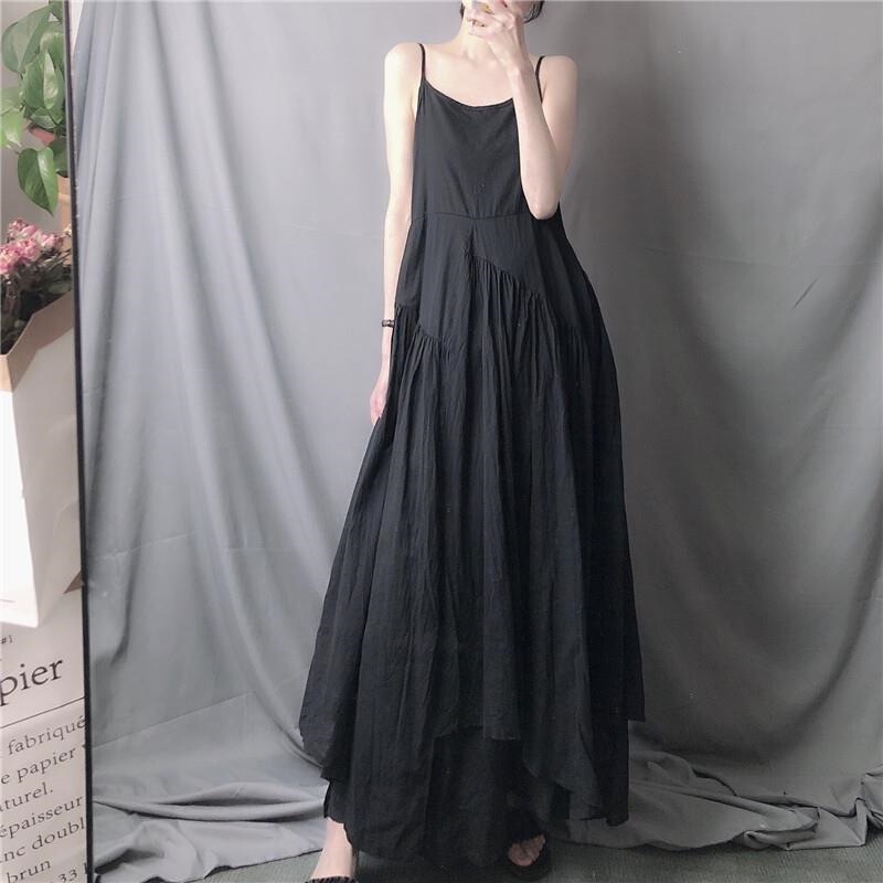 2021 Black Super Long Irregular Large Swing Slip Dress Artistic Fresh Summer Korean Style Elegant Long Dress