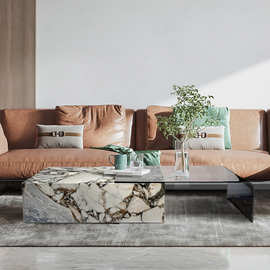 天然大象白大理石钢化玻璃茶几意式极简设计师客厅家用沙发长方形