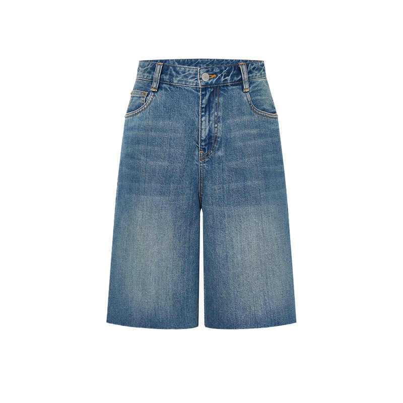 Jeans 2025 Summer New Product with Silk Scarf Tencel Cotton Washed and Polished Mid-Low Waist Five-Point Pants Mbe2Sot007
