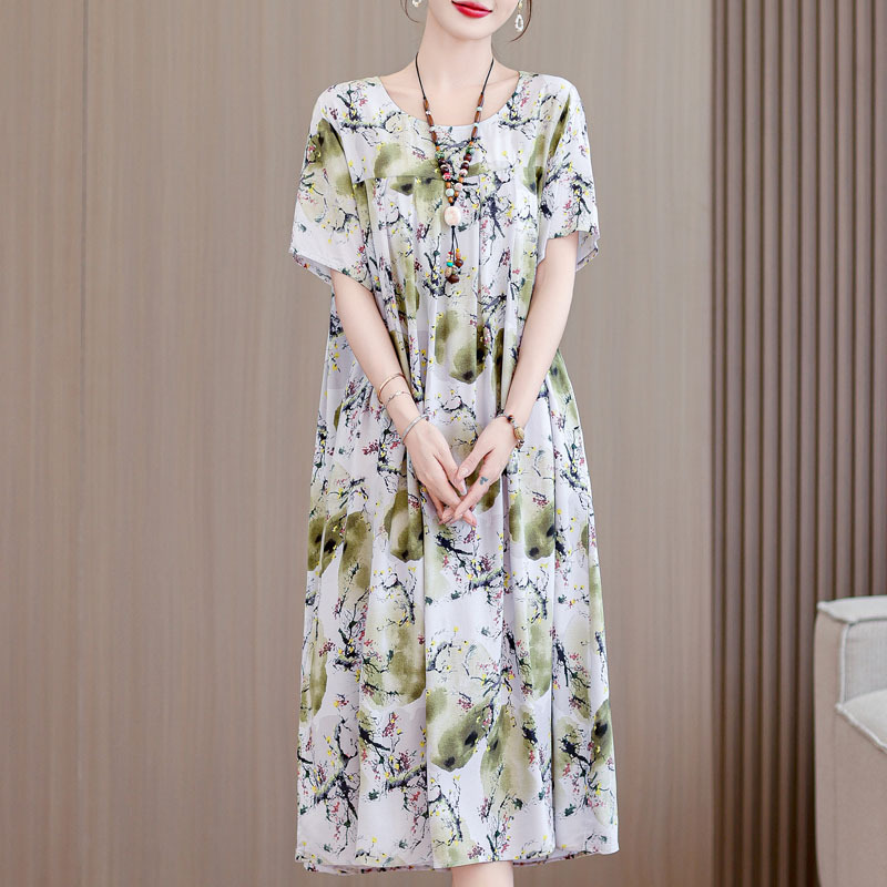 中老年大码碎花棉绸连衣裙女2025夏装新款50多岁中年妈妈气质裙子|undefined