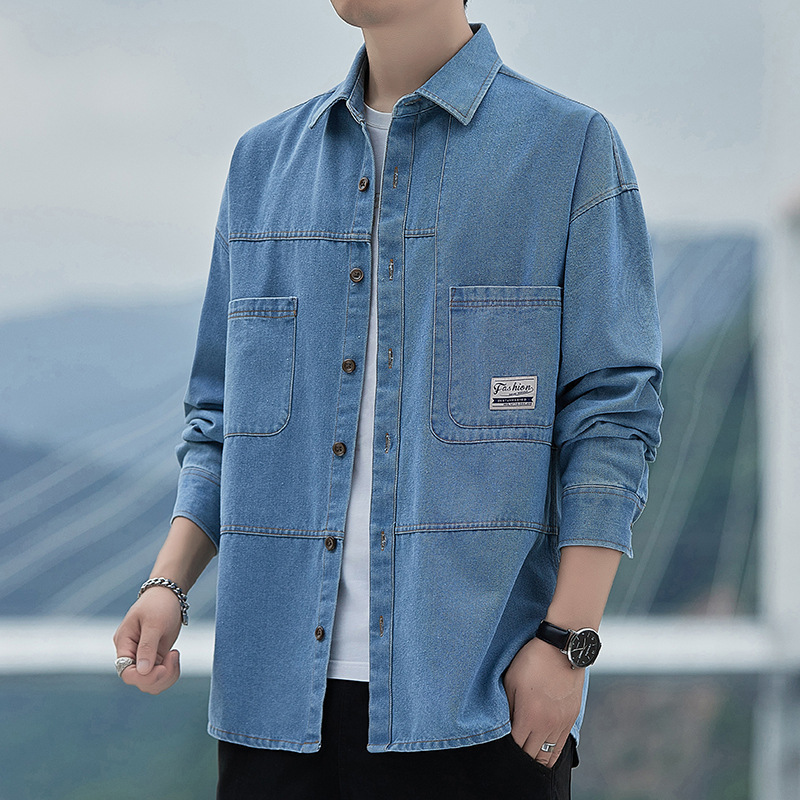 New Foreign Trade Spring and Autumn Long-Sleeve Shirt Fashion Casual Shirt with Double Pockets for Young and Middle-Aged Men's Workwear Denim Jacket