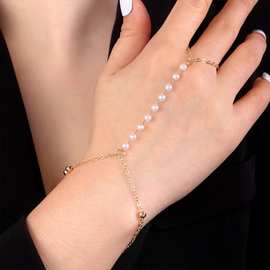 欧美跨境饰品 简约珍珠金属链条手指链 气质珍珠连指手链厂家批发