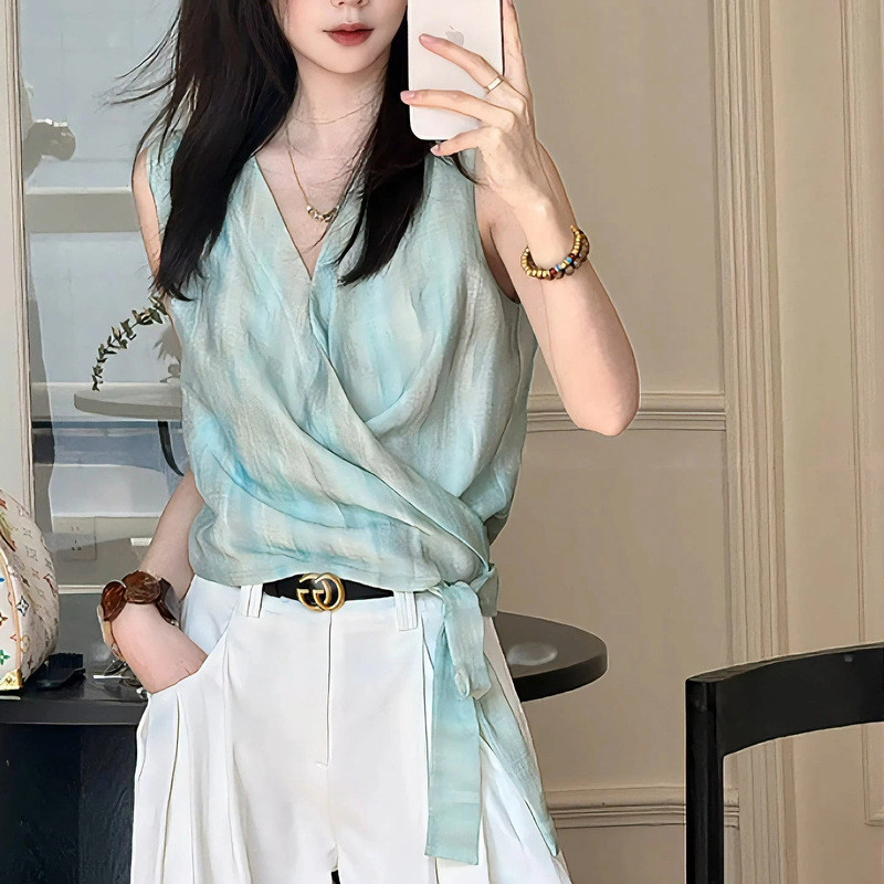 Mint-colored cross-wrap tie-neck blouse for women, 2026 summer new style, niche design with a sense of atmosphere and flowing ribbons Mint-colored cross-wrap tie-neck blouse for women, 2026 summer new style, niche design with a sense of atmosphere and flowing ribbons