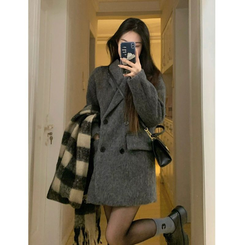 High-End Gray Woolen Outwear for Women 2025 Autumn and Winter New Thickeneded Loose Small Suit Woolen Outwear for Women