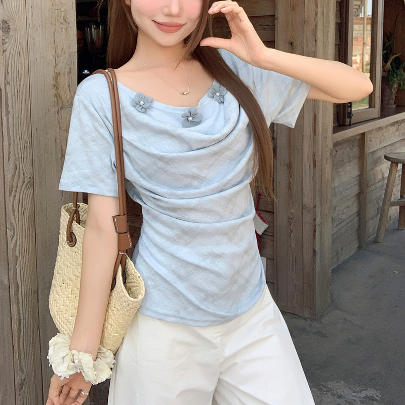 Ruffled Collar 3D Floral Short-Sleeve T-Shirt for Women, Summer New Style, Pure Desire Style, Waist-Cinching, Slimming, Pleated, Fitted, Versatile Top Ruffled Collar 3D Floral Short-Sleeve T-Shirt for Women, Summer New Style, Pure Desire Style, Waist-Cinching, Slimming, Pleated, Fitted, Versatile Top