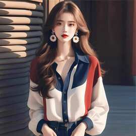 2026春秋季新款女装冷淡系好看宽松上衣撞色灯笼袖衬衫女潮