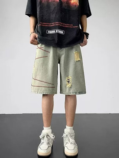 Rapped Denim Shorts Men's Summer New Arrival Straight High Street Washed Pants American Style Retro Loose Casual Pants