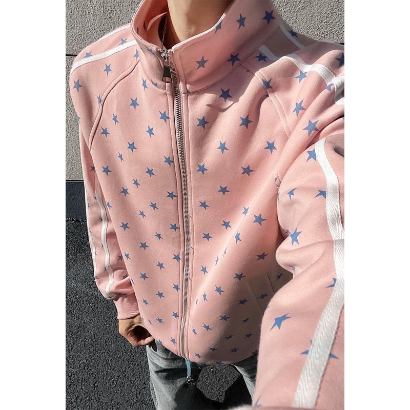 2026 Autumn New American Trendy Striped Stand Collar Sweatshirt with Starry Sky Design, Casual Sports Top Jacket for Teenagers