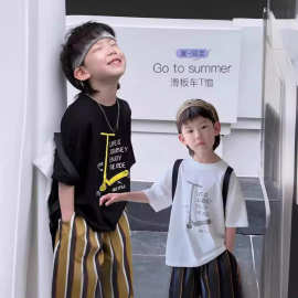 2024新款夏装男童滑板车字母印花T恤童趣百搭短袖儿童半袖上衣童