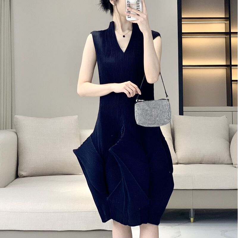 Miyake Style Pleated Women's dress V-neck Sleeveless 2024 Summer New Arrival Irregular Bud Pleated Midi Dress