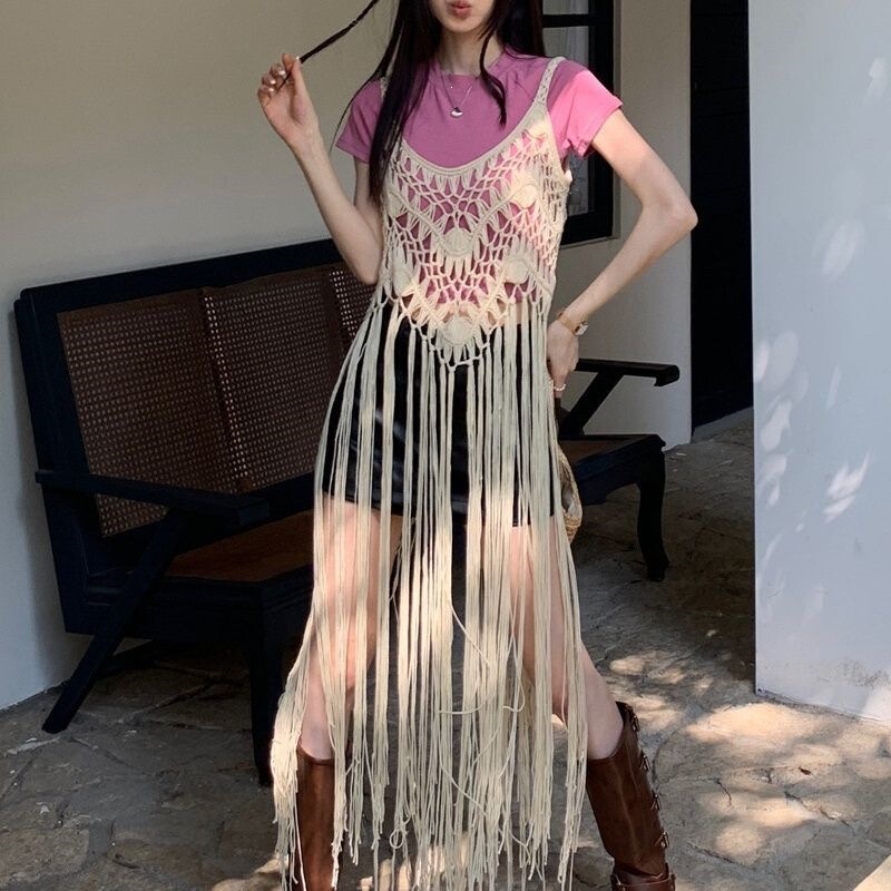 Bohemian Yunnan Xinjiang Travel Handmade Woven Tassel Popular Chinese Style Long Loose Dress with Straps
