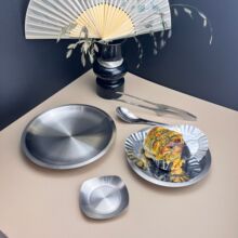 304加厚不锈钢平盘砂光单层焊底盘圆餐盘甜品盘料理烤盘焊脚托盘