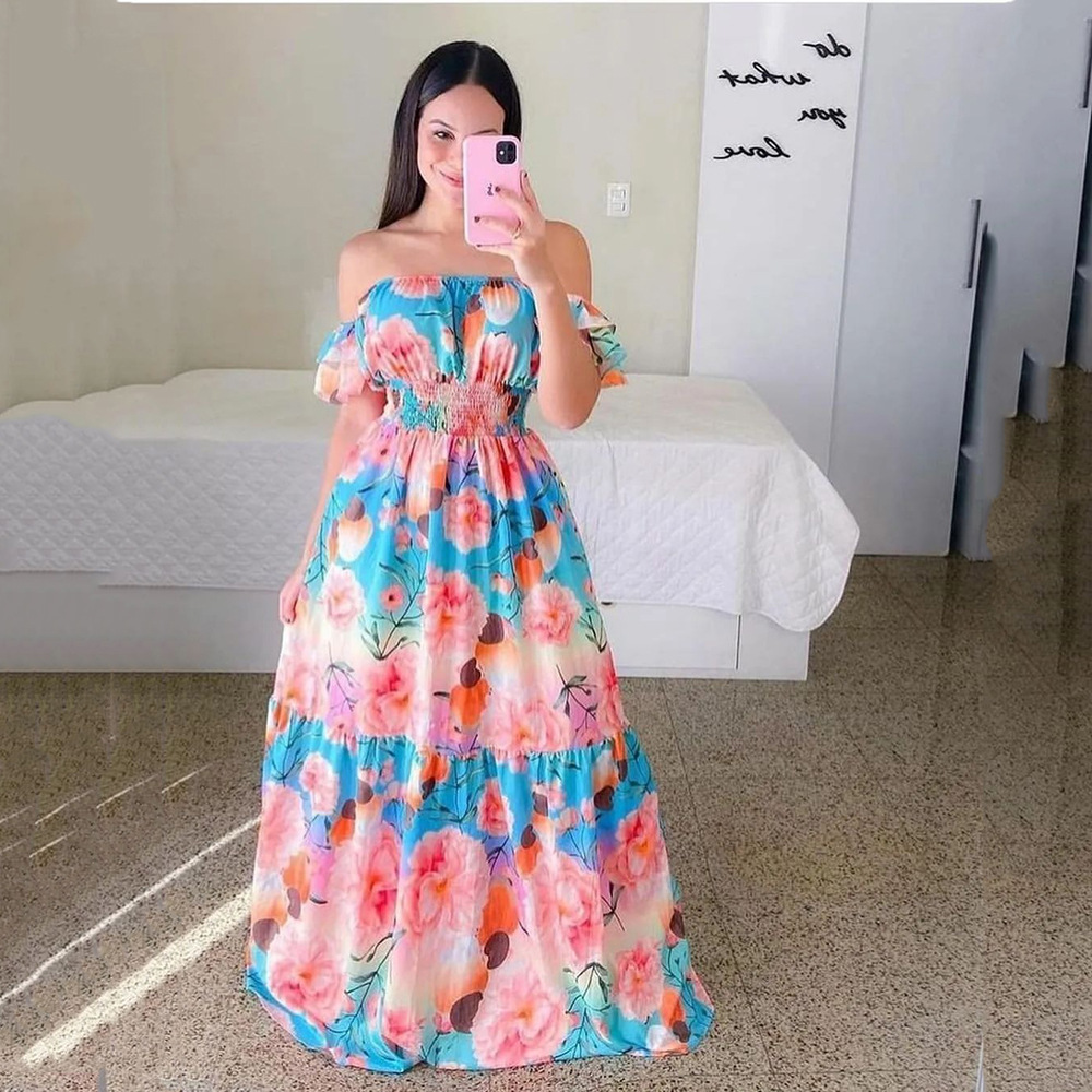 Mujeres Falda Acampanada Vacaciones Fuera Del Hombro Impresión Sin Mangas Floral Ditsy Bloque De Color Mariposa Vestido Maxilargo Fiesta display picture 2