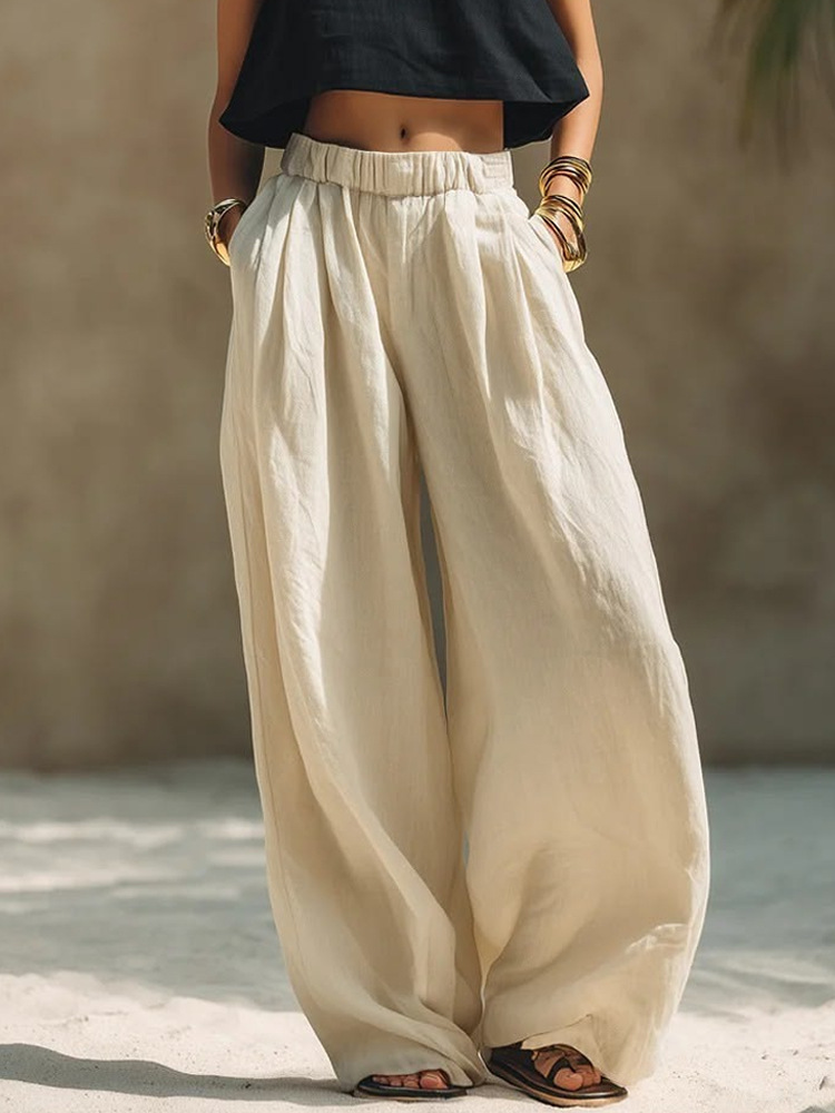 Women's Linen-Like Wide-Leg Pants With Elastic Waist - Comfortable Casual Pull-On Trousers For Summer_ecoleips.com