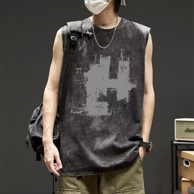 American-Style Washed Vintage Sleeveless T-Shirt for Men, Summer Loose Sports Vest, Trendy High Street Cool Tank Top American-Style Washed Vintage Sleeveless T-Shirt for Men, Summer Loose Sports Vest, Trendy High Street Cool Tank Top