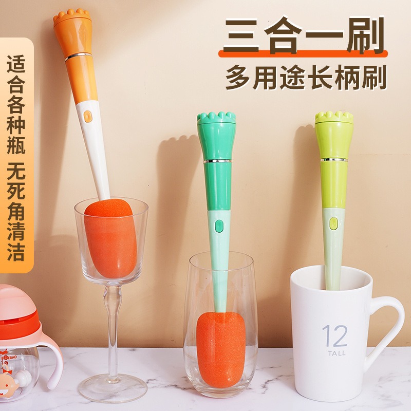 Hogar multi-funcional botella boca taza cepillo de lavado mango largo zanahoria taza cepillo extraíble tres en uno biberón pezón cepillo de limpieza