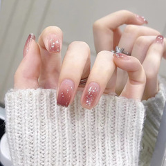 美甲片成品冰透豆沙漸變閃粉珍珠穿戴假指甲片貼片指甲貼顯白美甲