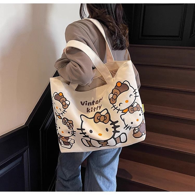Cartoon canvas single-shoulder bag, women's large-capacity commuter tote bag, Spring/Summer 2025, cute cat tote bag, cross-border undefined
