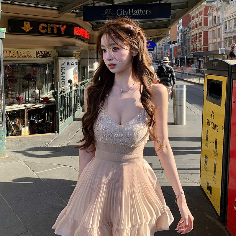TZ3995 Daughter Gold Pink Sequins Design Sense dress Women's Summer New Style Small Sweet Slim-fit Sling Skirt