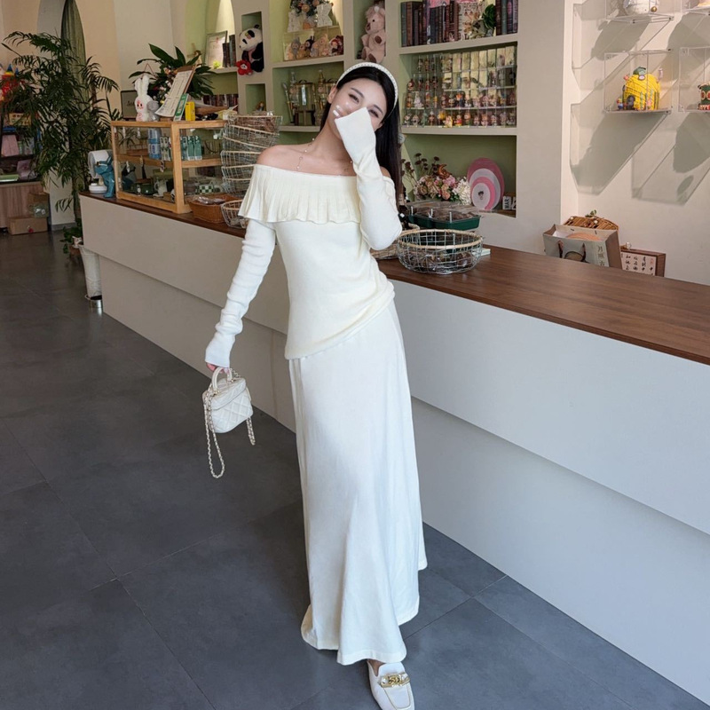 原版设计正品一字肩针织衫套装女时尚纯欲宽松百搭褶皱毛衣半身裙|undefined