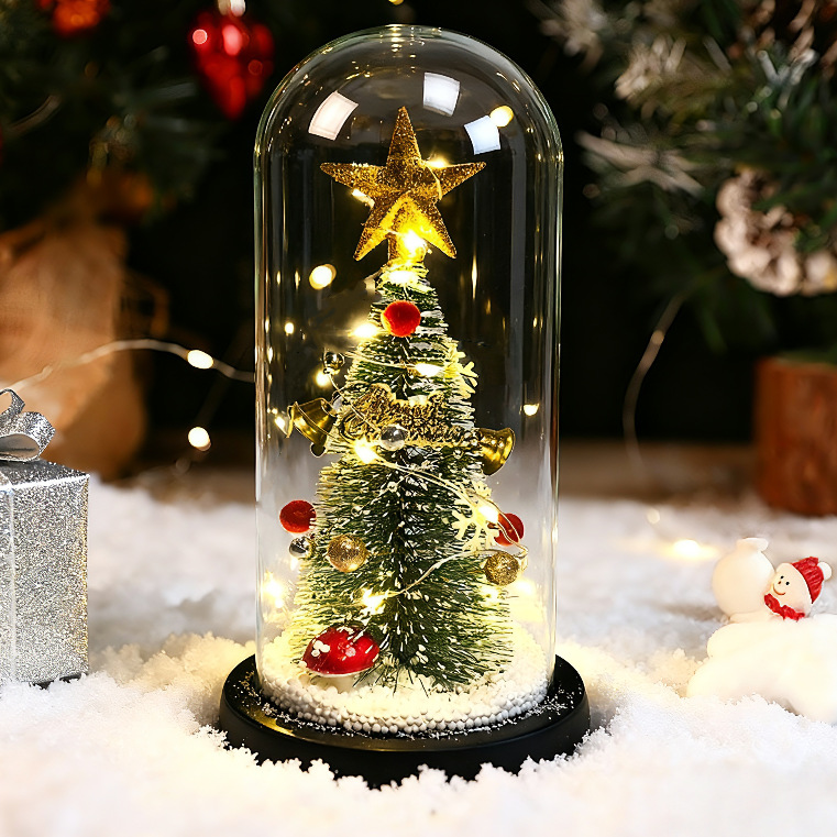 創意新品クリスマスプレゼントガラスカバークリスマスツリー装飾デスクトップ小置物ledライト発光オルゴール